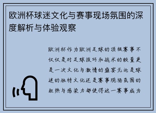 欧洲杯球迷文化与赛事现场氛围的深度解析与体验观察
